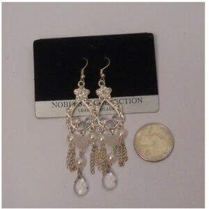 Women Flower Teardrop Earrings Rhinestones Drop Dangle Silver Tones Hook Fastene